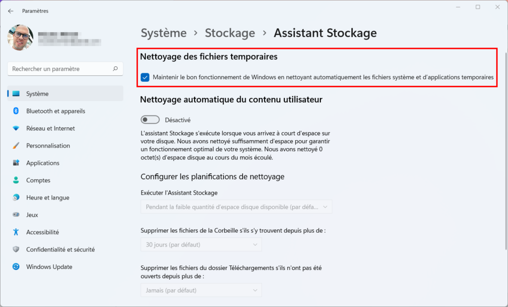 Assistant Stockage Win 11 - fichiers temporaires