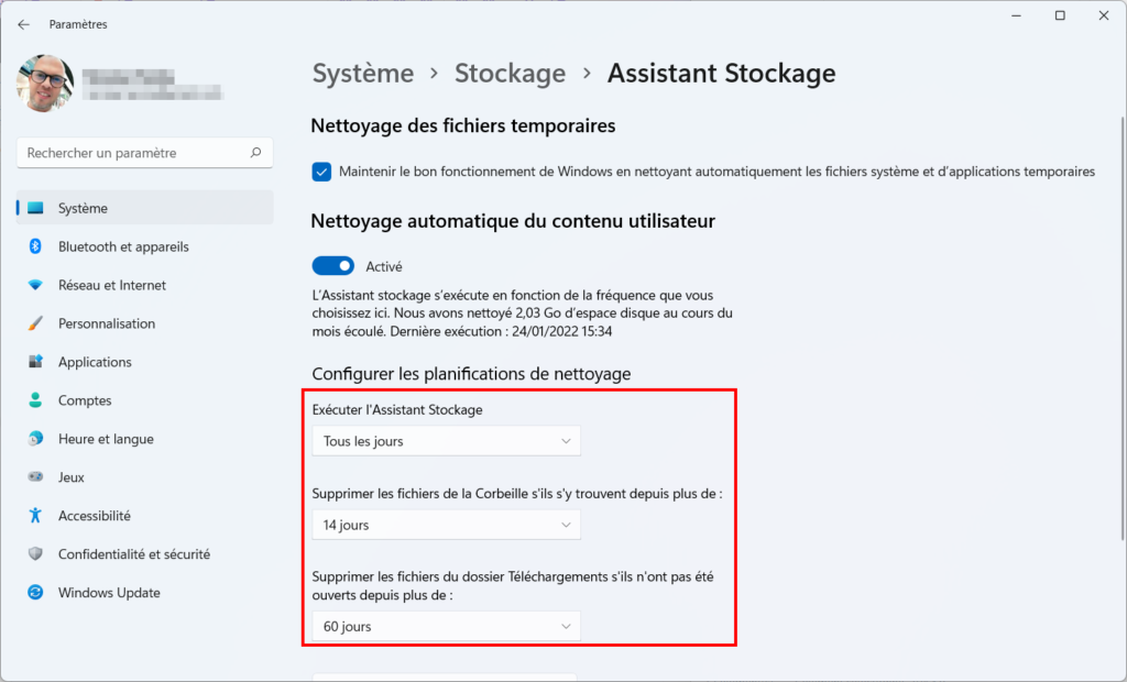 Assistant Stockage Win 11 - paramètres par défaut