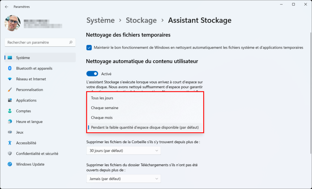 Assistant Stockage Win 11 - périodicité exécution