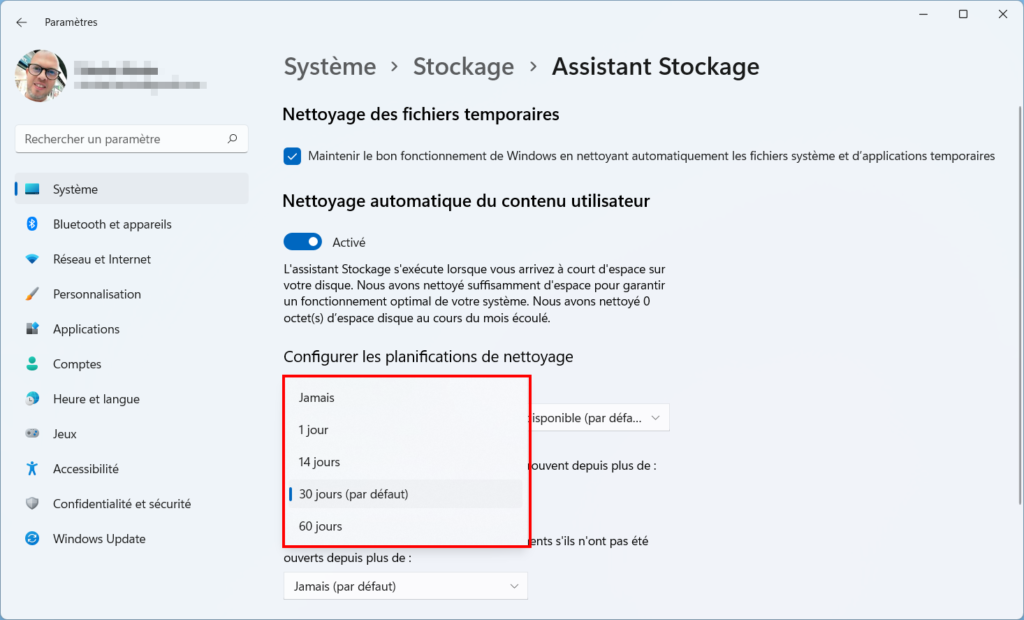 Assistant Stockage Win 11 - périodicité corbeille