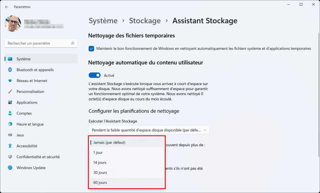 Assistant Stockage Win 11 - périodicité téléchargements