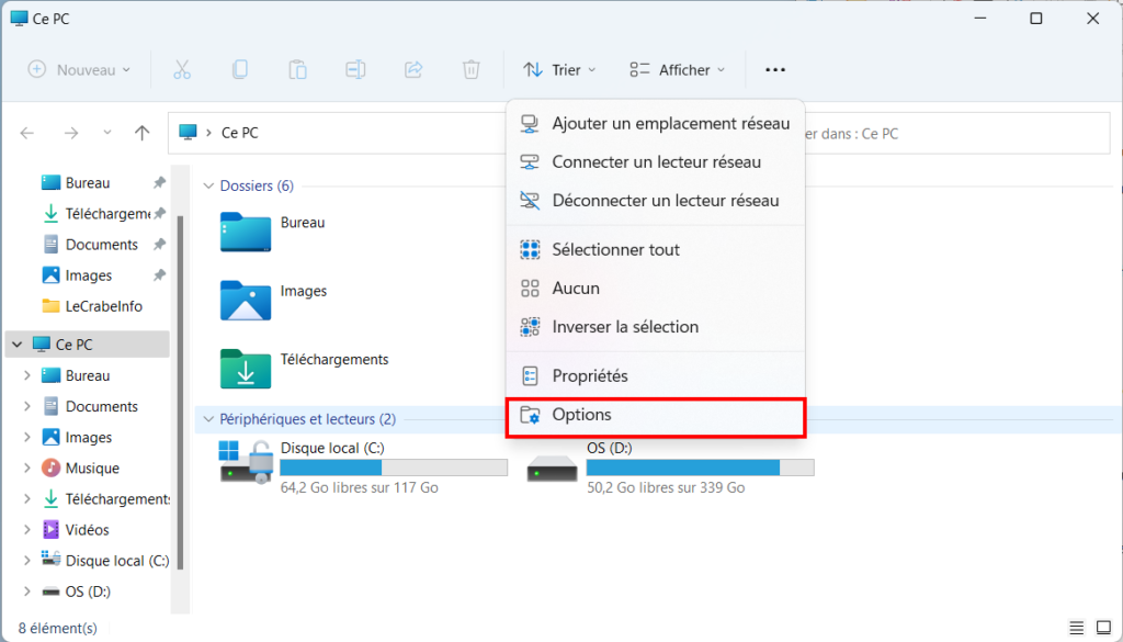 Explorateur de fichiers - entrer dans options