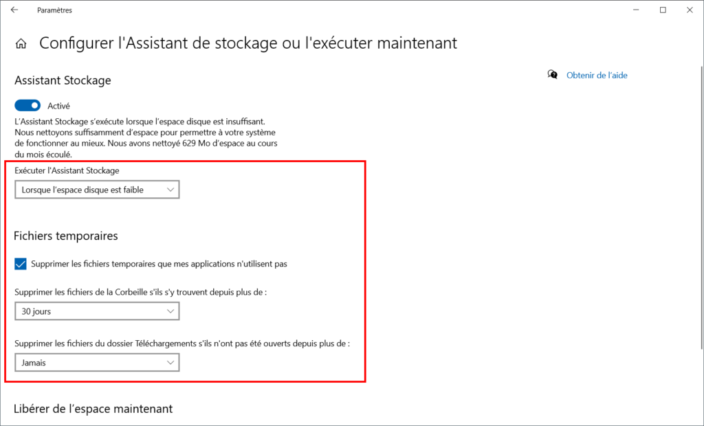libérer automatiquement de l'espace - configuration par défaut assistant stockage