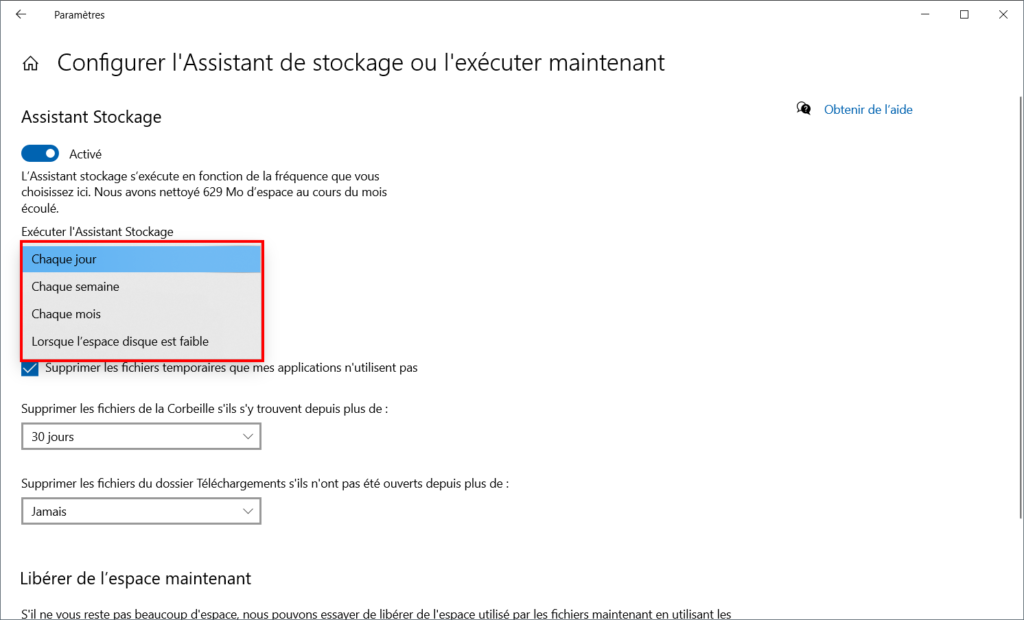 libérer automatiquement de l'espace - périodicité nettoyage