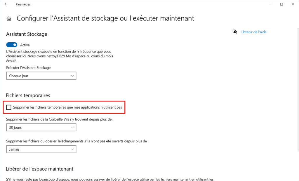 libérer automatiquement de l'espace - ne pas supprimer les fichiers temporaires