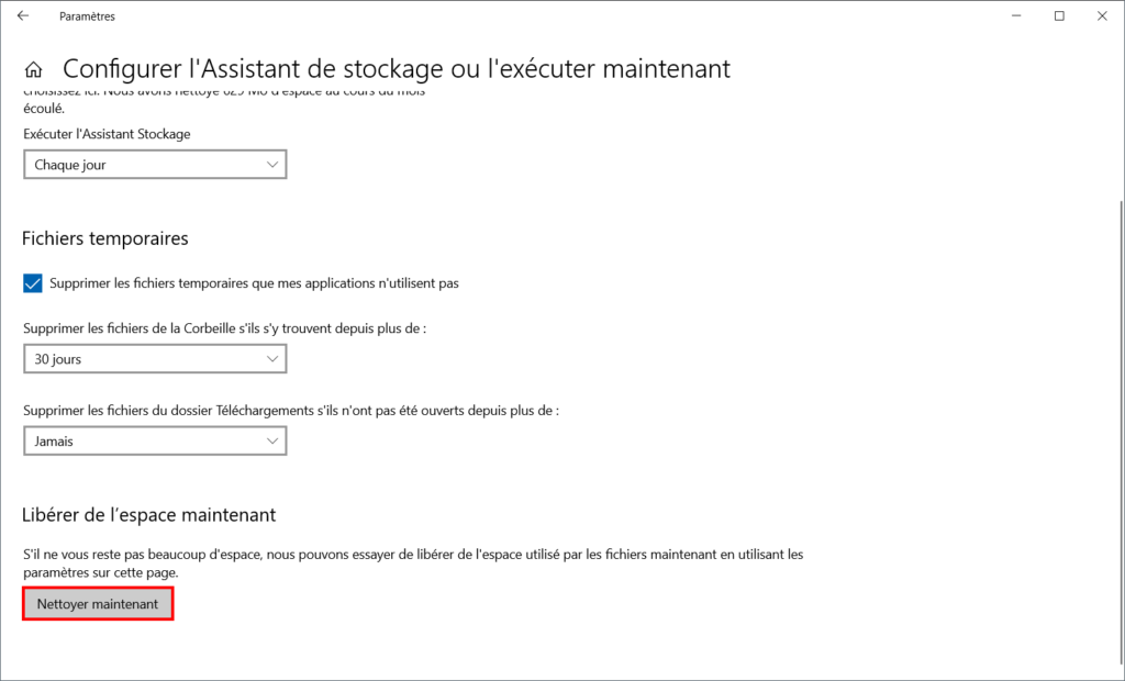 libérer automatiquement espace disque - assistant stockage nettoyage immédiat