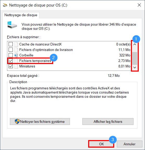 Supprimer fichiers temp win 10 - sélectionner fichiers temporaires