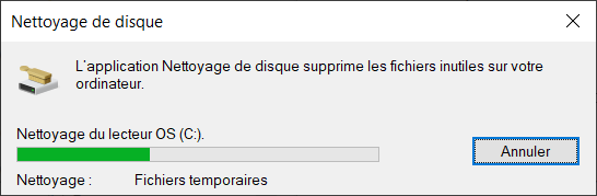 Supprimer fichiers temp win 10 - suppression en cours