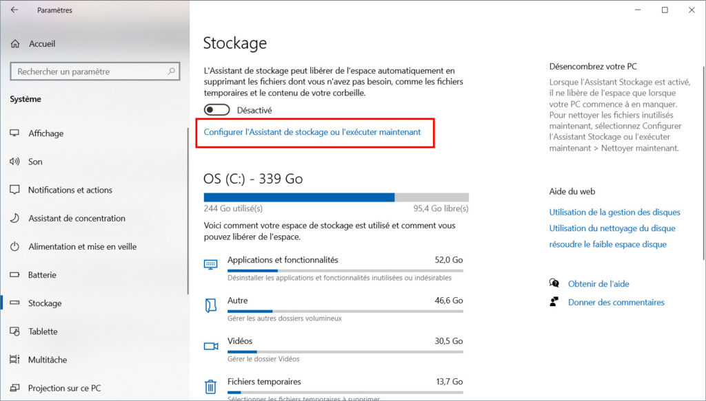 Supprimer fichiers temp win 10 - configurer assistant stockage