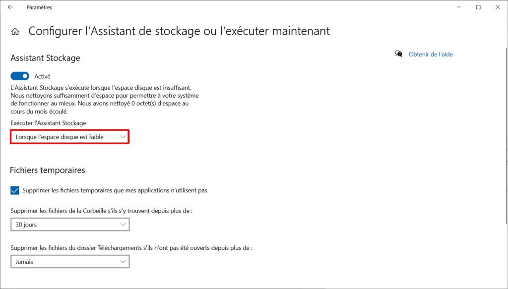 Supprimer fichiers temp win 10 - cliquer espace faible