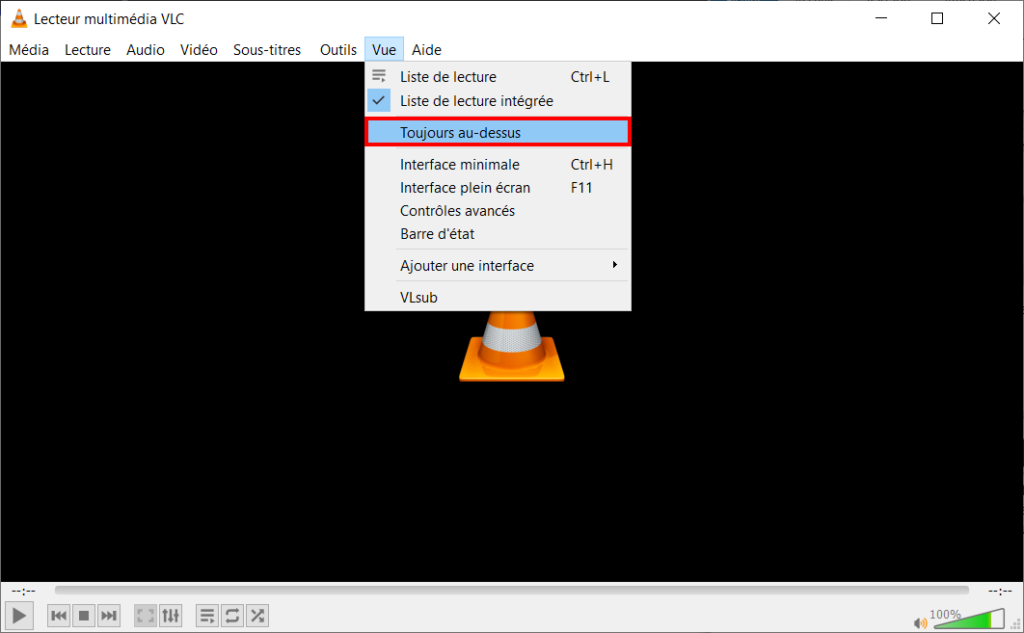 VLC fenêtre au-dessus - toujours au-dessus