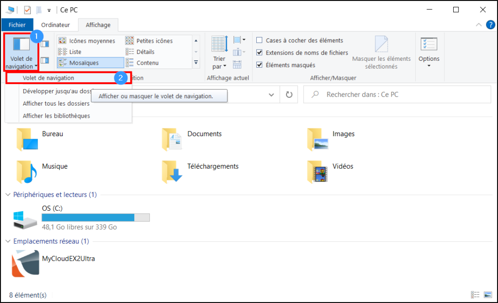 windows 10 paramétrer accès rapide - afficher voler de navigation