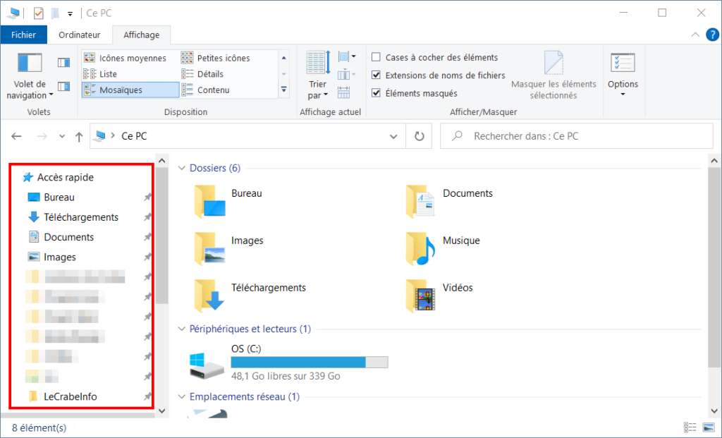 windows 10 paramétrer accès rapide - volet de navigation