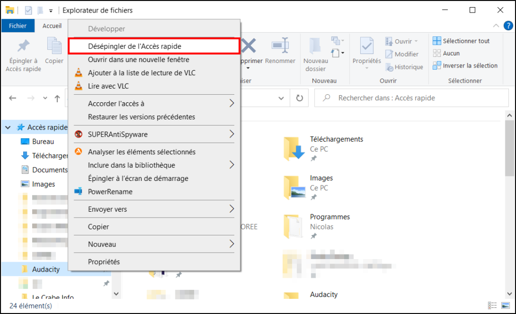 windows 10 paramétrer accès rapide - désépingler