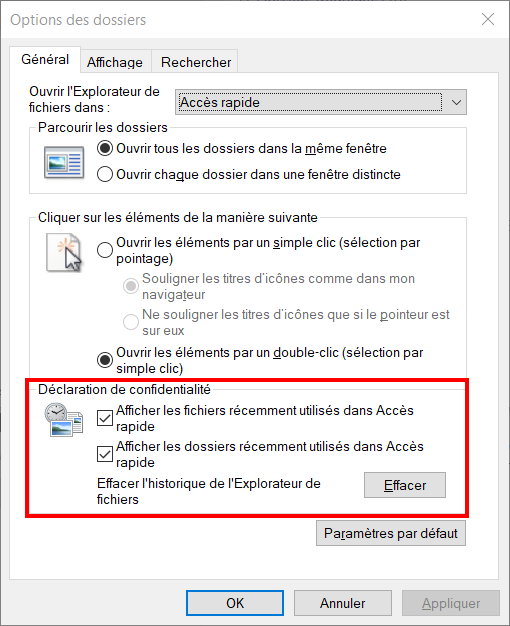 windows 10 paramétrer accès rapide - déclaration de confidentialité