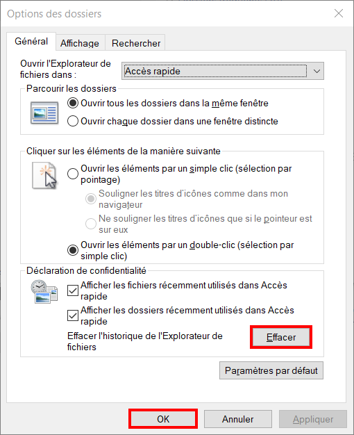 windows 10 paramétrer accès rapide - effacer ok