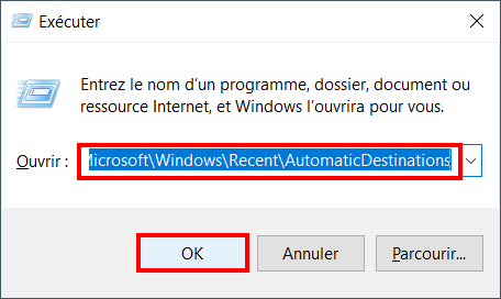 windows 10 paramétrer accès rapide - exécuter code et ok
