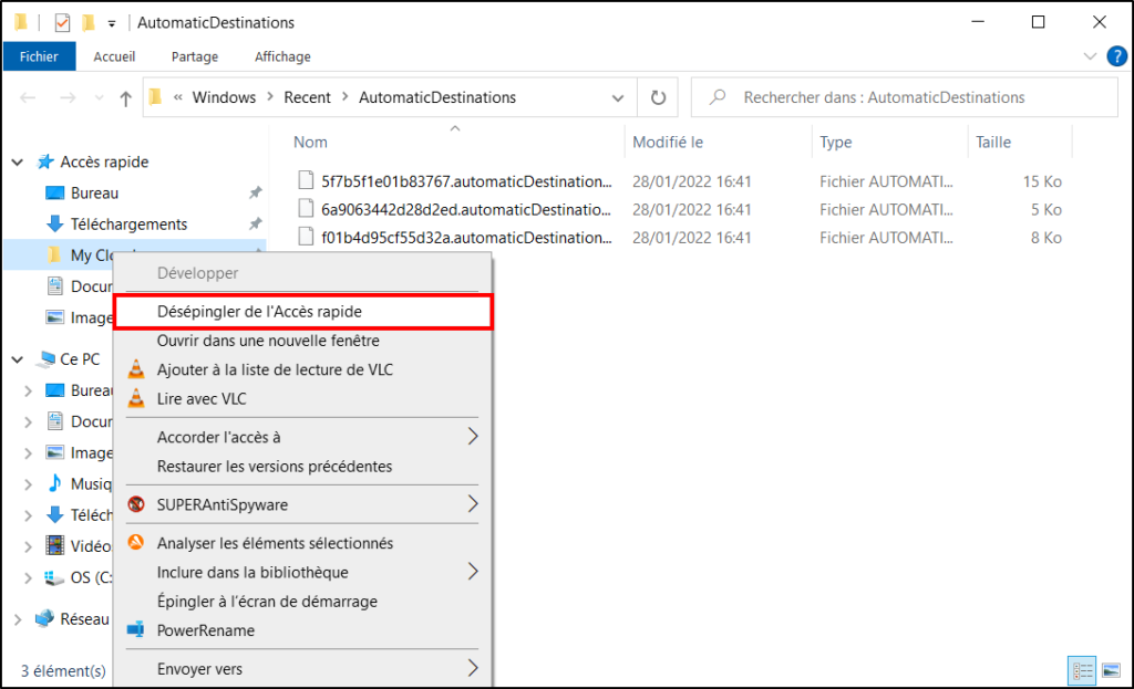 windows 10 paramétrer accès rapide - désépingler les raccourcis inutiles