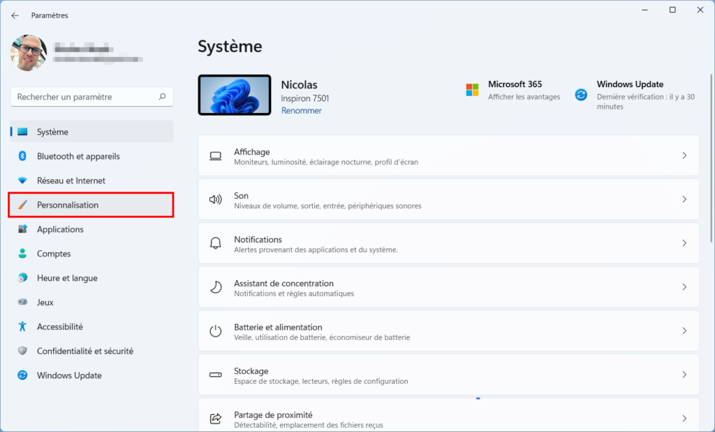 Mode sombre windows 11 - paramètres personnalisation