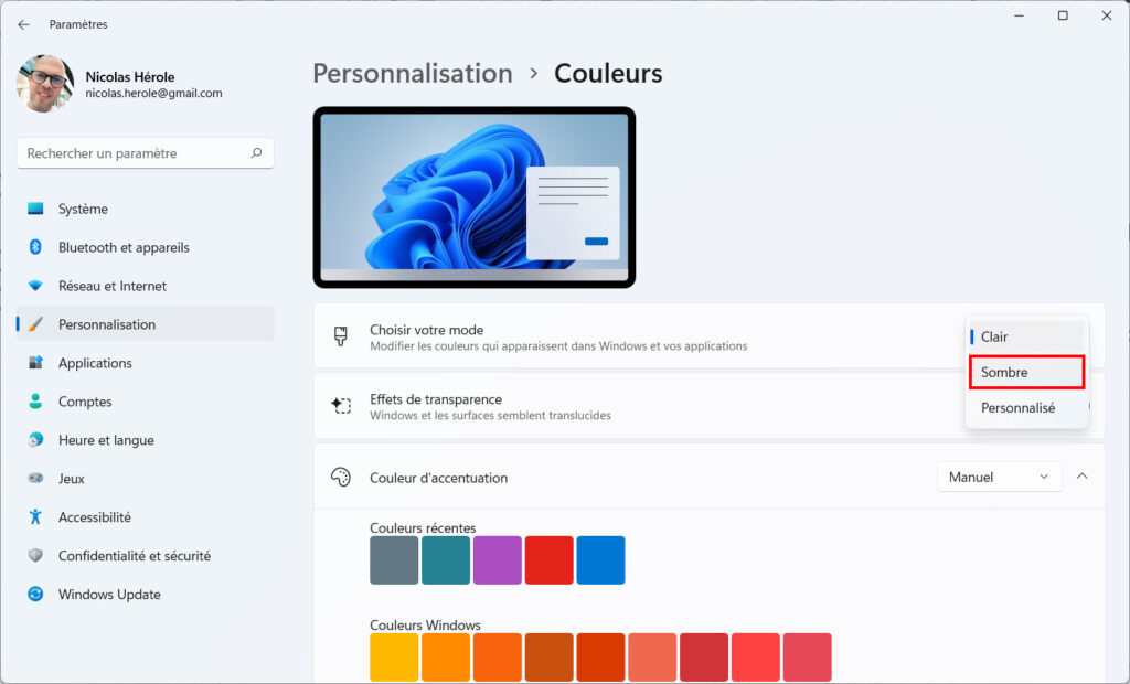 Mode sombre windows 11 - choisir sombre