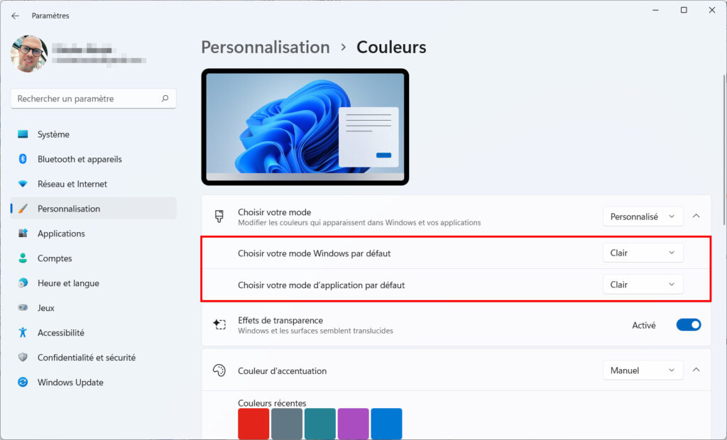 Mode sombre windows 11 - clair ou sombre