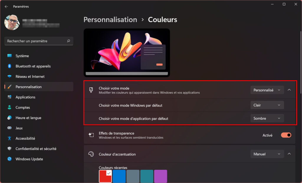 Mode sombre windows 11 - personnaliser un thème sombre
