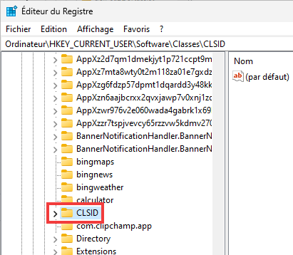 Editeur du registre, dérouler les clés pour trouver CLSID