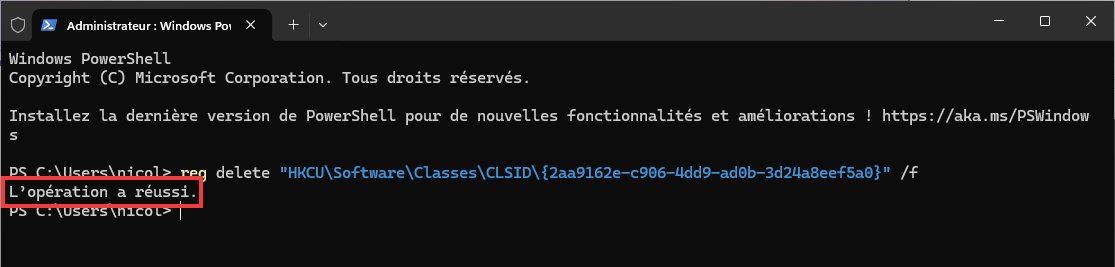 Message Opération réussie dans Terminal