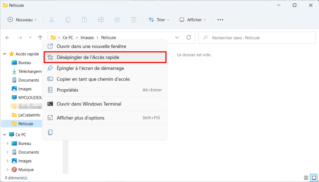 Win 11 Paramétrer Accès Rapide - désépingler raccourci
