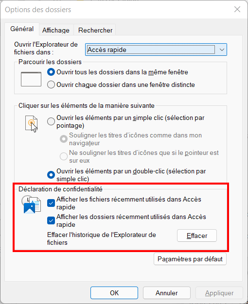 Win 11 Paramétrer Accès Rapide - déclaration de confidentialité