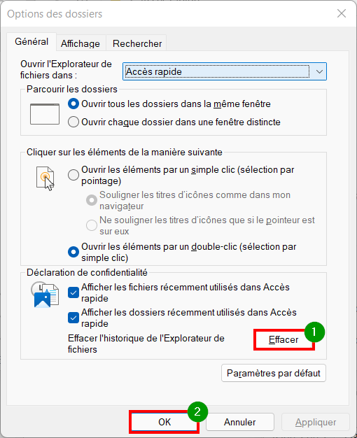 Win 11 Paramétrer Accès Rapide - effacer raccourcis et ok