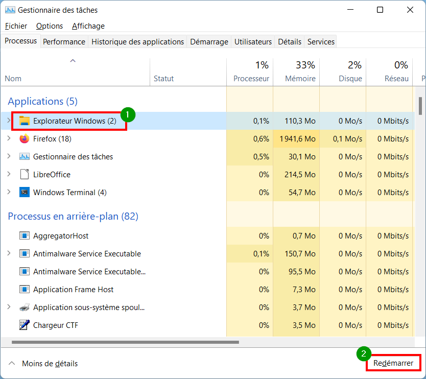 Windows 11 ancien ruban - redémarrer explorateur