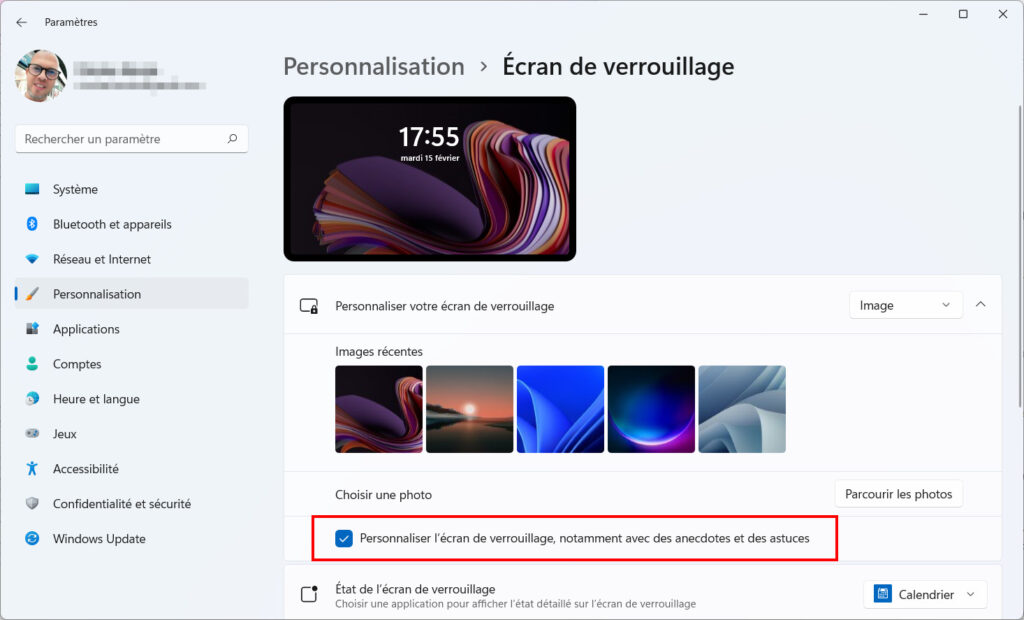 win 11 supprimer publicité - cocher anecdotes et astuces