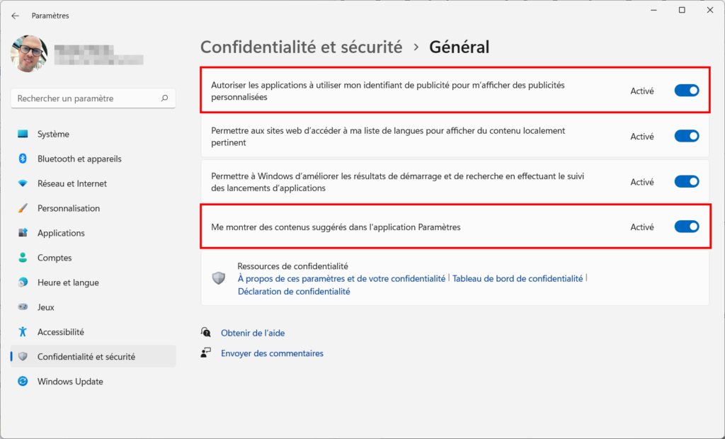 win 11 supprimer publicité - identifiant publicité paramètres