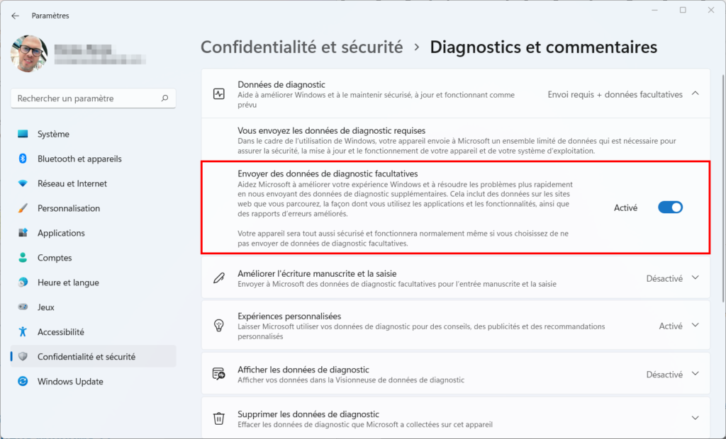 win 11 supprimer publicité - envoi des données diagnostics