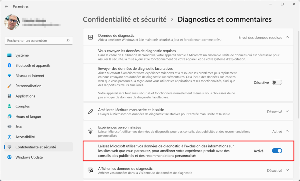 win 11 supprimer publicité - expériences personnalisées