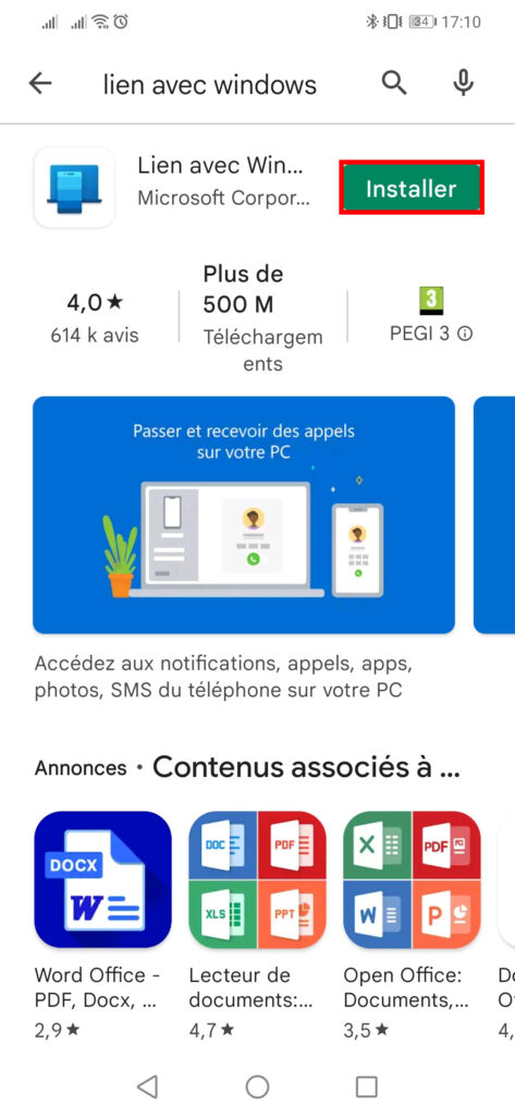 Associer téléphone et Windows - installer Lien avec Windows