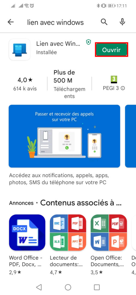 Associer téléphone et Windows - ouvrir Lien avec Windows