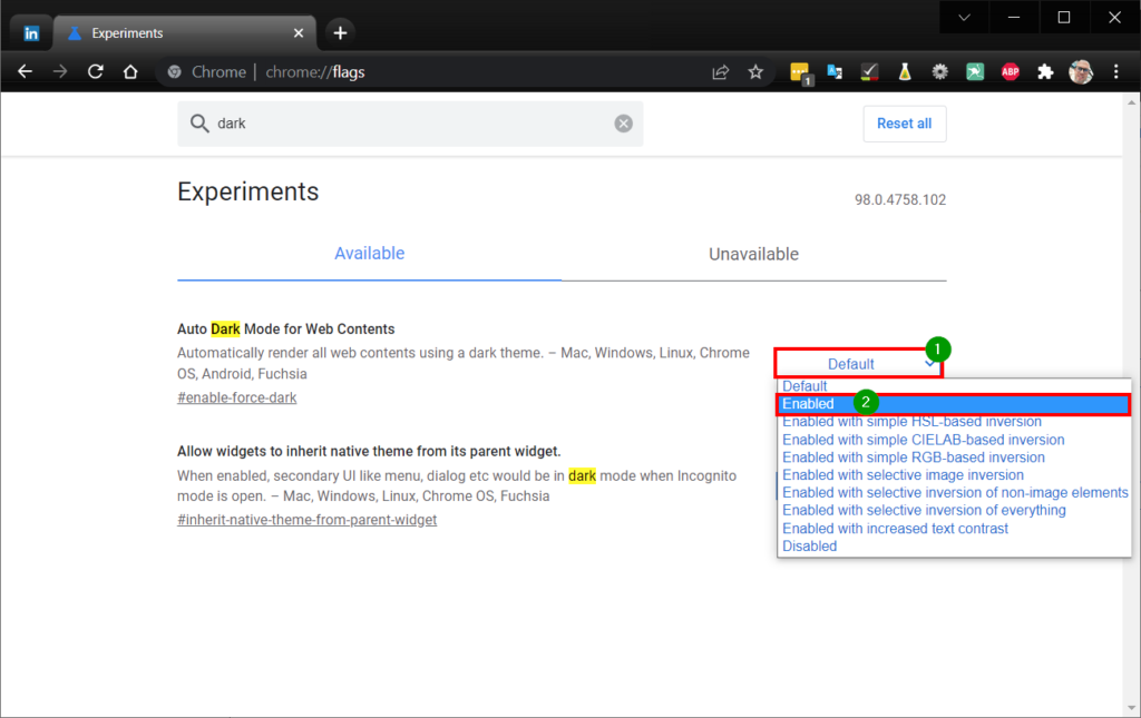 Chrome forcer sombre - default et enabled