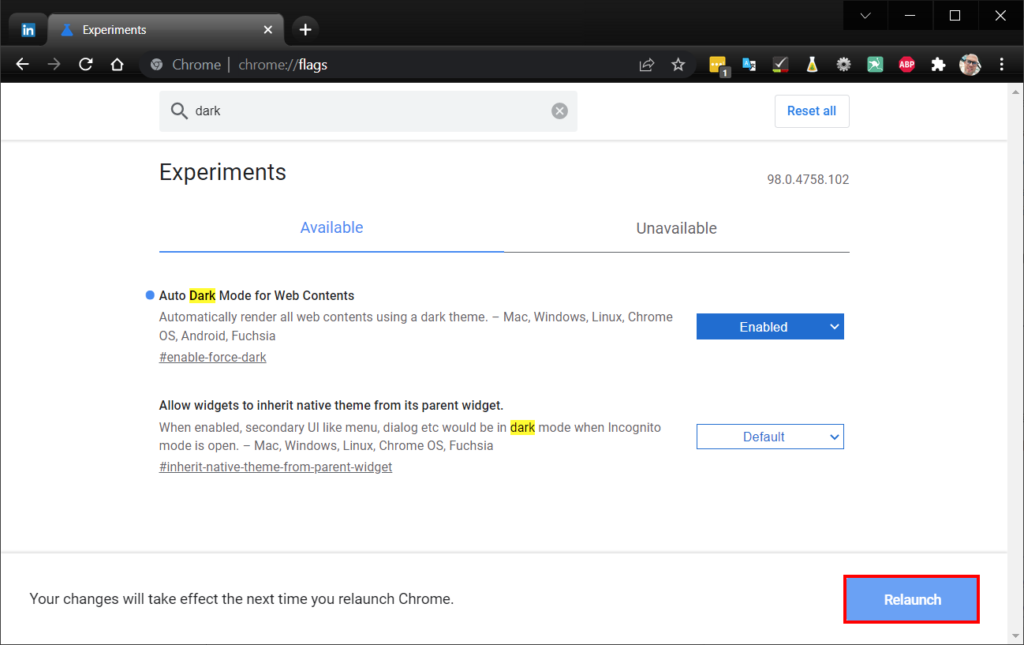 Chrome forcer sombre - relaunch