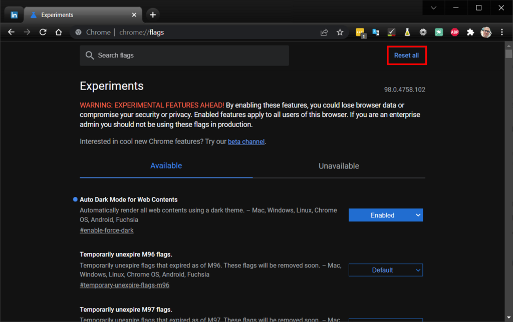 Chrome désactiver forcer sombre - reset all