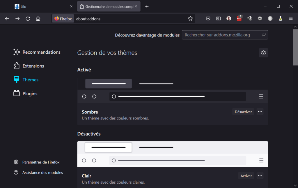 Firefox mode sombre - dark mode activé