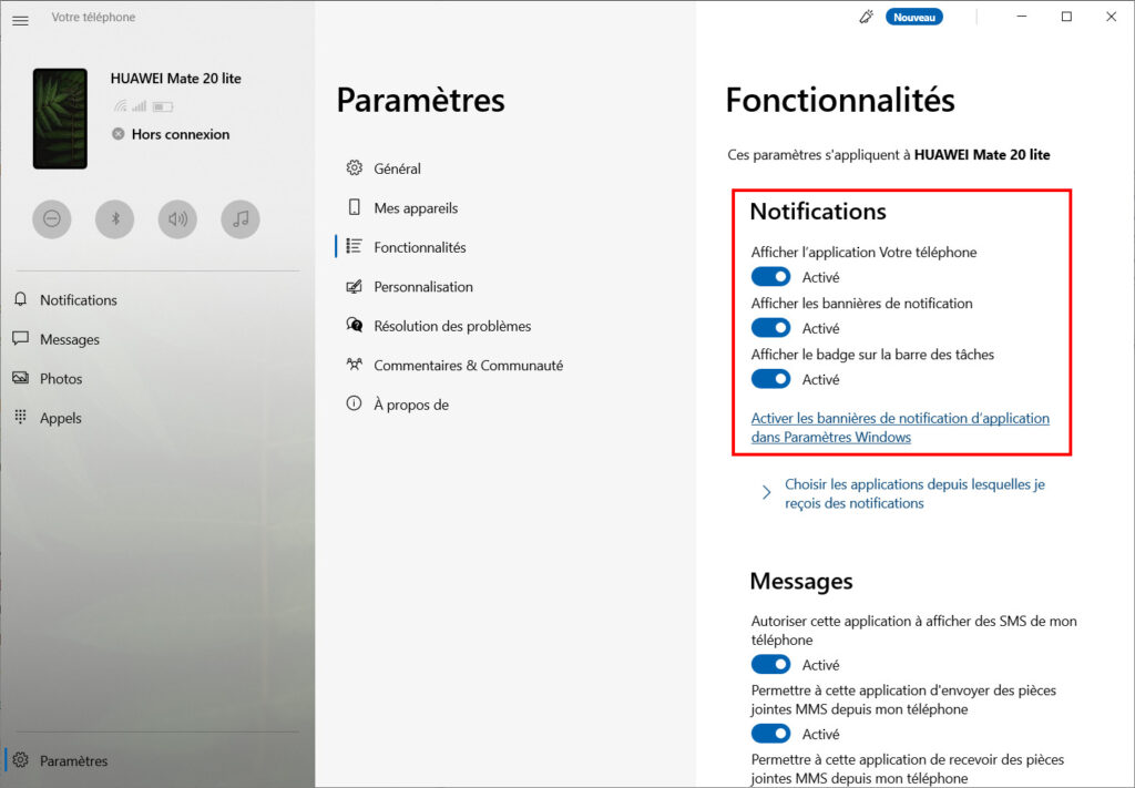 Votre téléphone Options - notifications