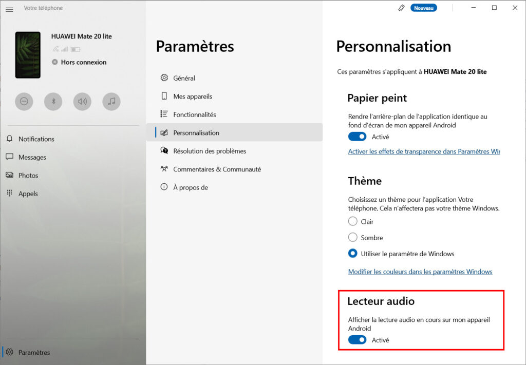 Votre téléphone Options - lecteur audio