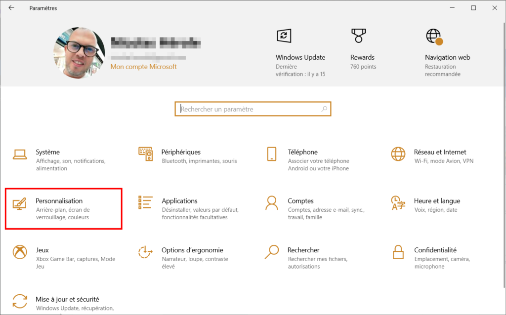 Windows 10 thème - Paramètres Personnalisation