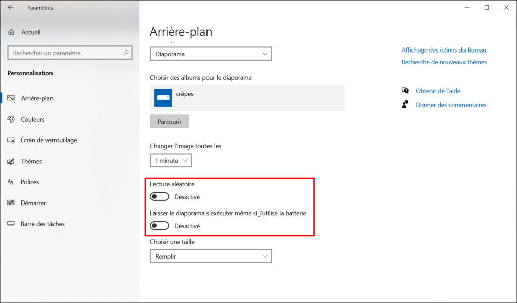 Windows 10 Thème - lecture aléatoire batterie