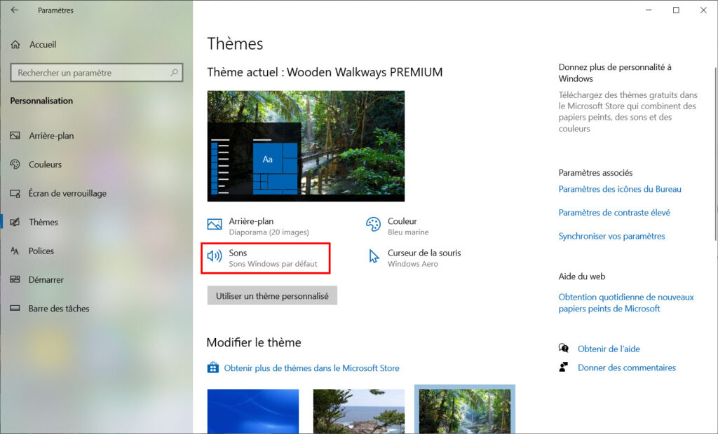 Windows 10 personnaliser thème - cliquer Sons
