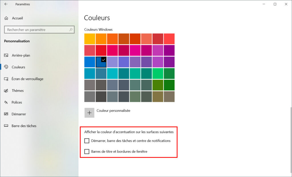 Windows 10 personnaliser thème - couleur accentuation ailleurs