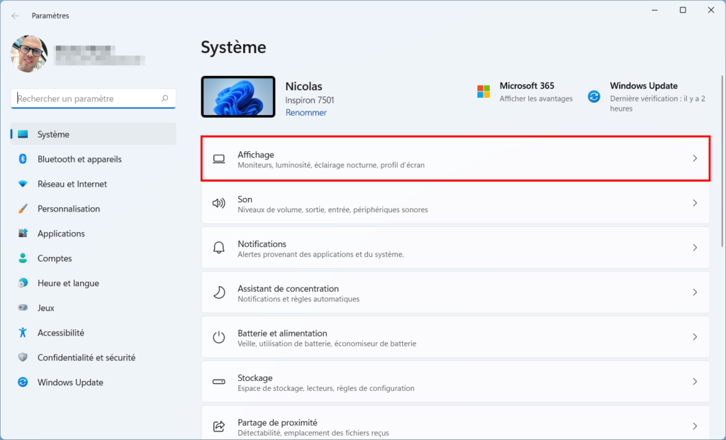 Win 11 Mode nocturne - Paramètres Affichage