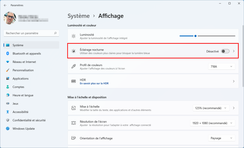 Win 11 Mode nocturne - Activer éclairage nocturne